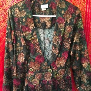 Vintage Botanical Tapestry Print Blazer Emerald Statement Buttons